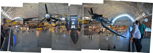 Steven F. Udvar-Hazy Center: Photomontage of primary entrance view, including P-40 Warhawk & F-4 Corsair up front, SR-71 Background beneath in the near distance, and the Space Shuttle Enterprise beyond